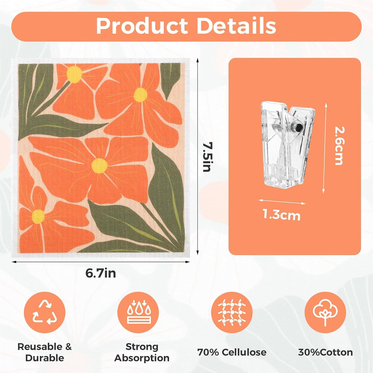Needbrock 6 Pack Swedish Dishcloths for Kitchen,Abstract Floral Dish Towels with Clips, Reusable Paper Towels Washable Absorbent Cellulose Sponge Cloths No Odor for Cleaning Home Kitchen