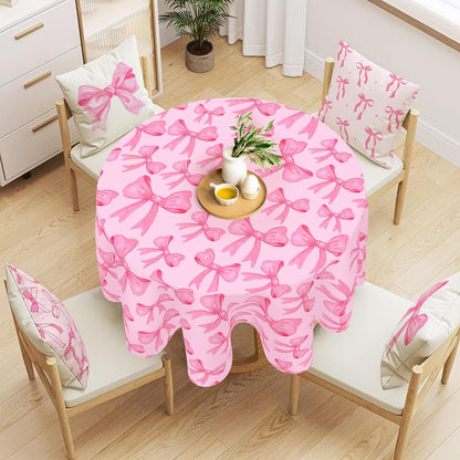 FYSUIMU Pink Bow Round Tablecloth 60 Inch Trendy Ribbon Bowknot Fabric Cloth Washable Table Cover for Picnic Dinner Table Decoration