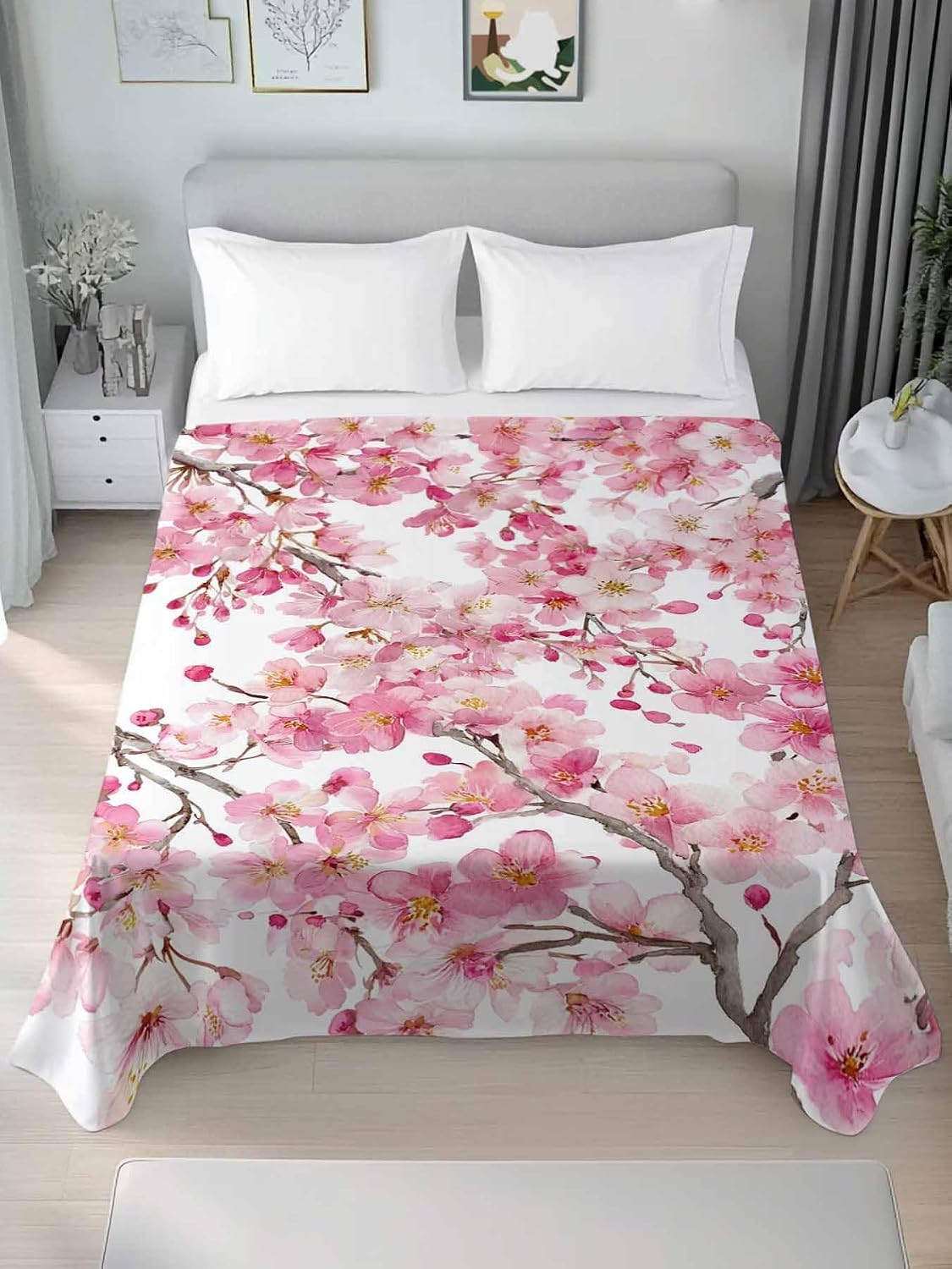 Spring Peach Flowers Full Size Sheets - Hotel Quality Full Flat Sheet Only 1 Pack, Pink Botanical Floral Leaves Branch Soft Bed Sheet Brushed Microfiber Bedding Top Sheets for Home Dorm