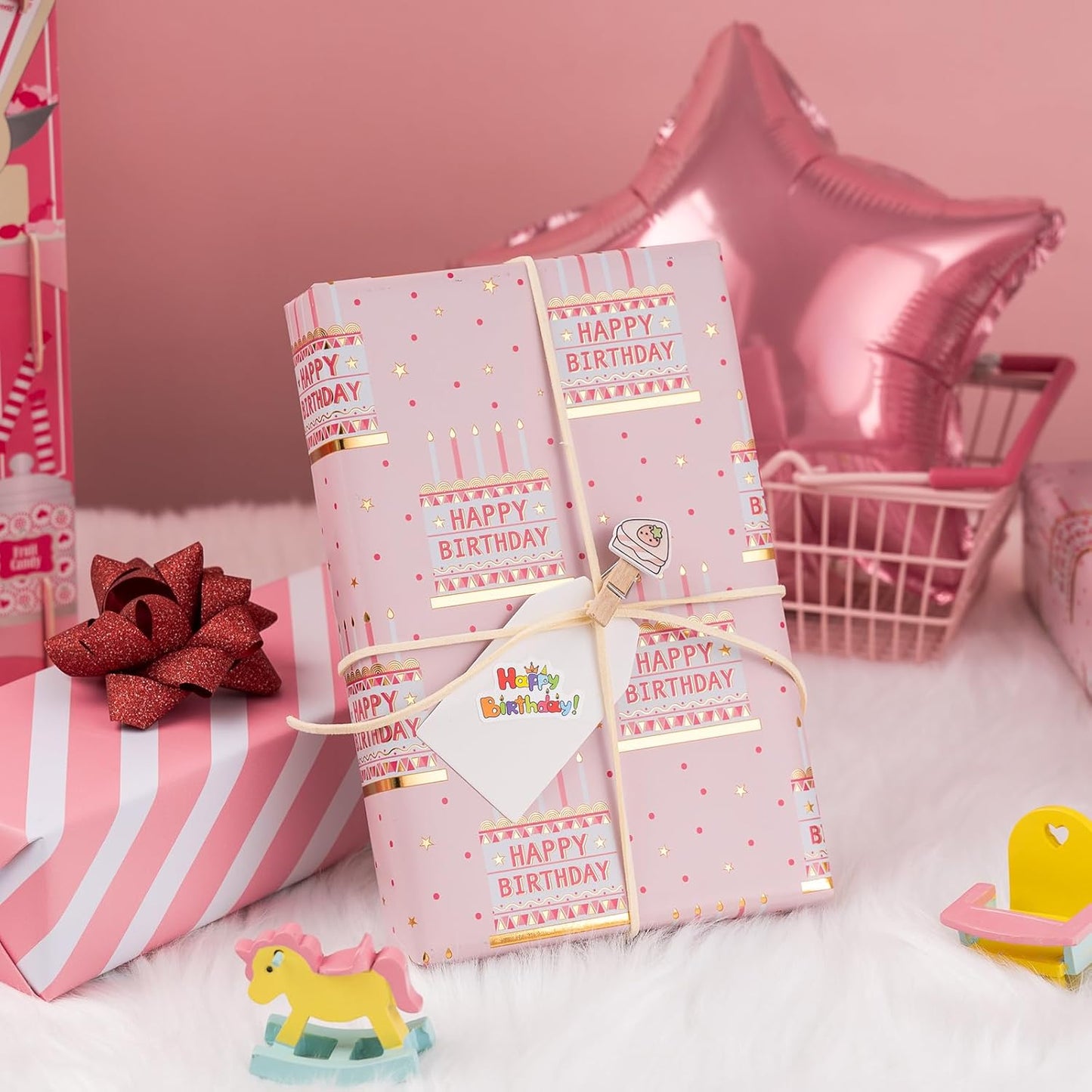 MAYPLUSS Pink Birthday Wrapping Paper Roll - 17 Inch X 16.5 Feet - Girly Shiny Metallic Pink Birthday Cake Pattern Reversible Gift Wrap Paper Pastel for Girl Baby Shower Wedding Bridal Shower