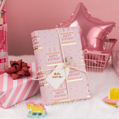 MAYPLUSS Pink Birthday Wrapping Paper Roll - 17 Inch X 16.5 Feet - Girly Shiny Metallic Pink Birthday Cake Pattern Reversible Gift Wrap Paper Pastel for Girl Baby Shower Wedding Bridal Shower