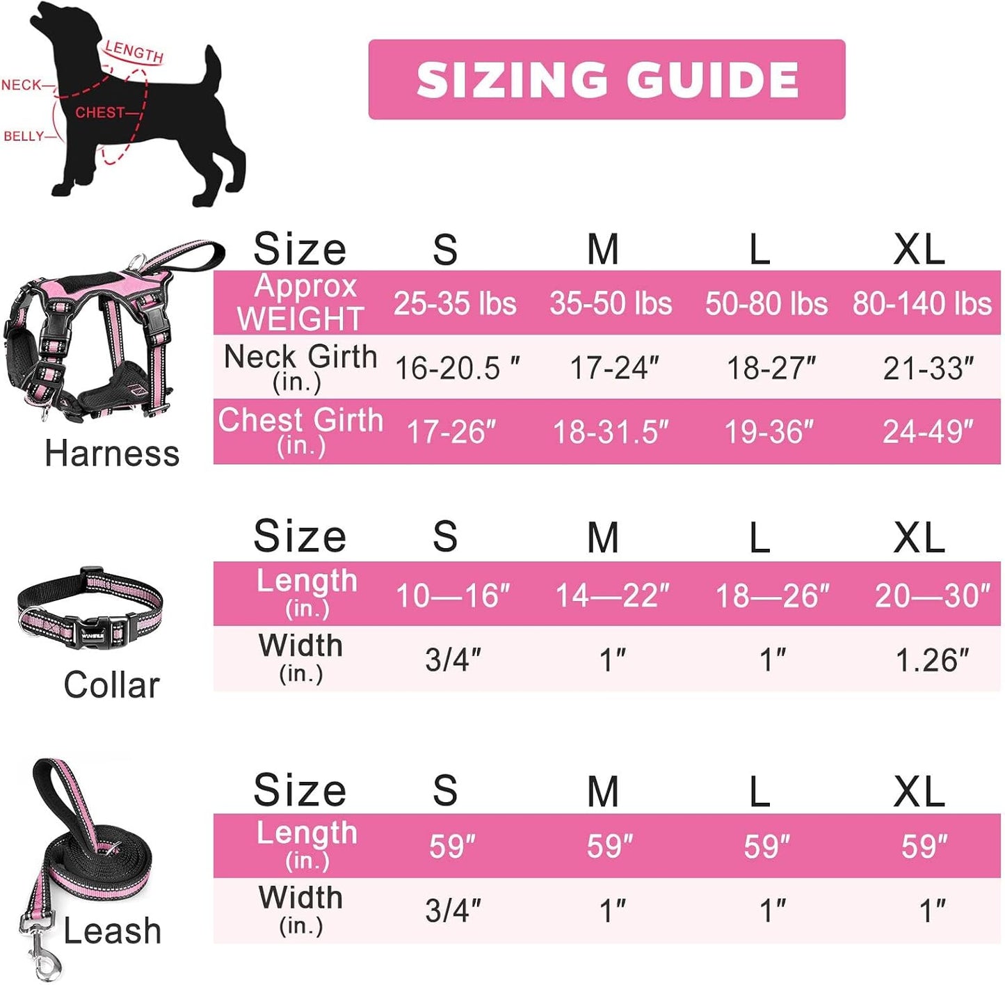 WINSEE Pet Harness Collar and Leash Set, All-in-one Reflective Dog Harness No Pull with Adjustable Buckles for Puppies, Small, Medium, Large, and Extra-Large Dogs (Small, Pink)