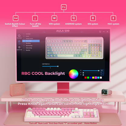 AULA 99 Key Keyboard, Wireless Gaming Keyboard Bluetooth Computer Keyboards Creamy Cute with Number Pad RGB Backlit Tri-Mode BT/2.4GHz/USB-C - Pink