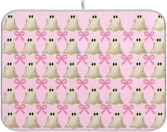 Halloween Ghost Bow Dish Drying Mat for Kitchen Countertop 16x18 Pink Bowknot Spooky Small Drying Mat Reusable Quick Dry Dish Sink Mats Easy Clean Decorative Essentials