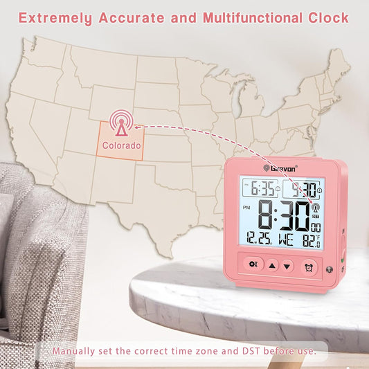 Geevon Small Digital Atomic Alarm Clock for Bedroom, Travel Table Clock with Auto/8s Backlight, 2 Alarm, Temperature, Desk Clock Battery Operated for Deep Sleepers Kids Elderly Home Office, Pink