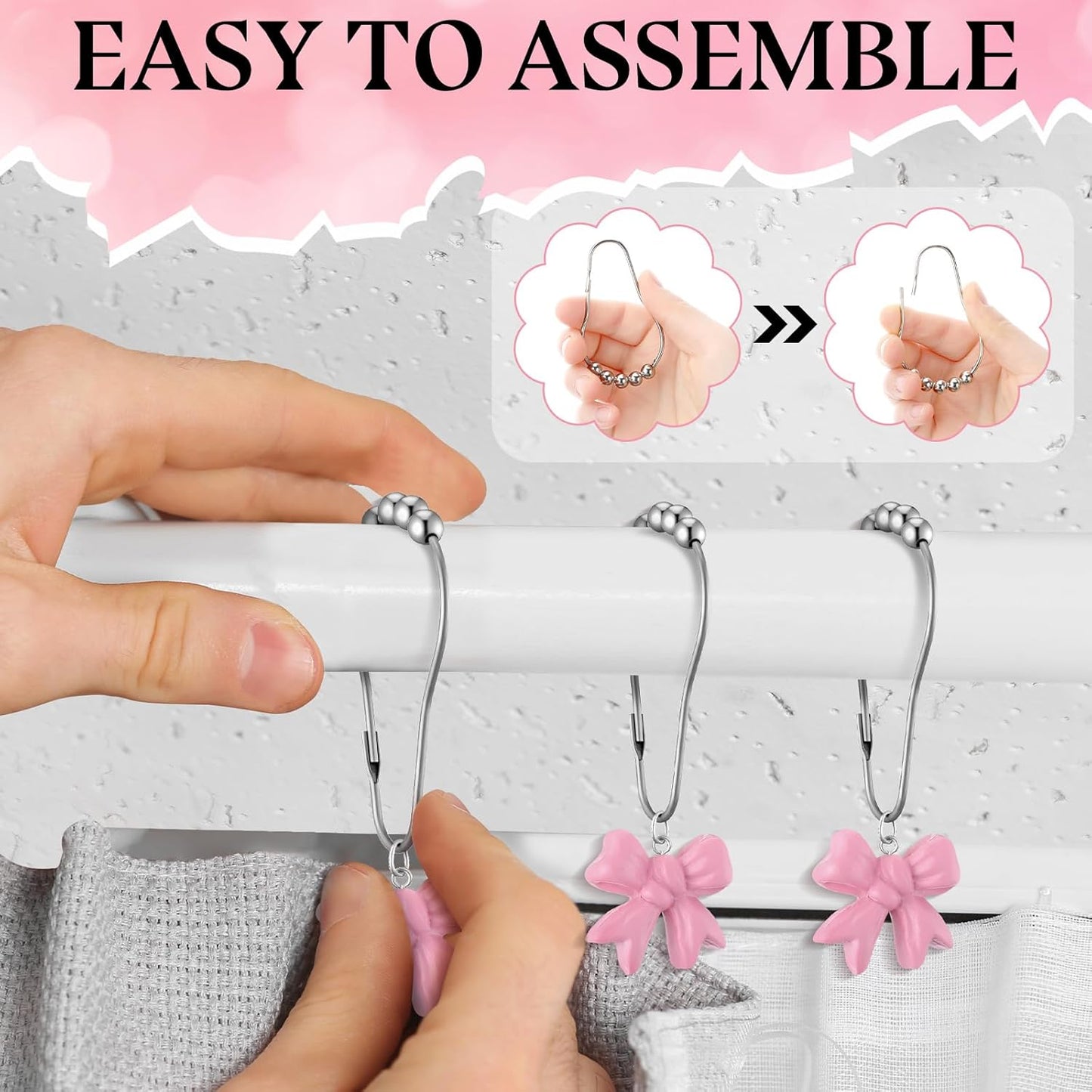 Yaocom 12 Pcs Pink Bow Knot Shower Curtain Hooks Rustproof Metal Decorative Bow Knot Shower Hangers Bulk Cute Glide Curtain Rings for Girl Bathroom Bedroom Living Room Nursery Art Decor (Stylish)
