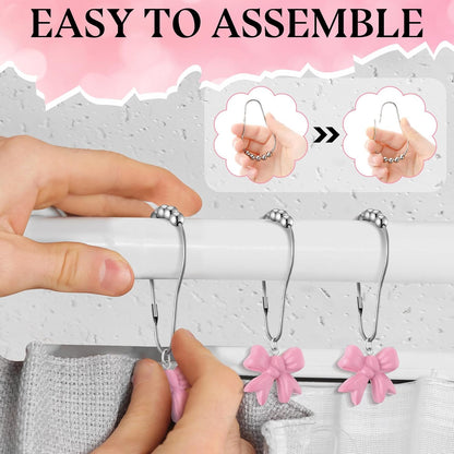 Yaocom 12 Pcs Pink Bow Knot Shower Curtain Hooks Rustproof Metal Decorative Bow Knot Shower Hangers Bulk Cute Glide Curtain Rings for Girl Bathroom Bedroom Living Room Nursery Art Decor (Stylish)