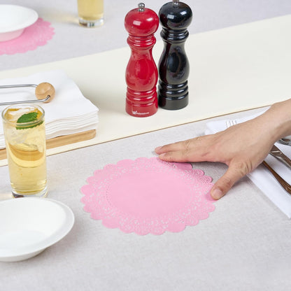 Pastry Tek 8 x 8 Inch Paper Lace Doilies, 100 Disposable Table Doilies - Elegant Lace Finish, Long Lasting, Pink Paper Doily, for Pastries, Cupcakes, Desserts - Restaurantware