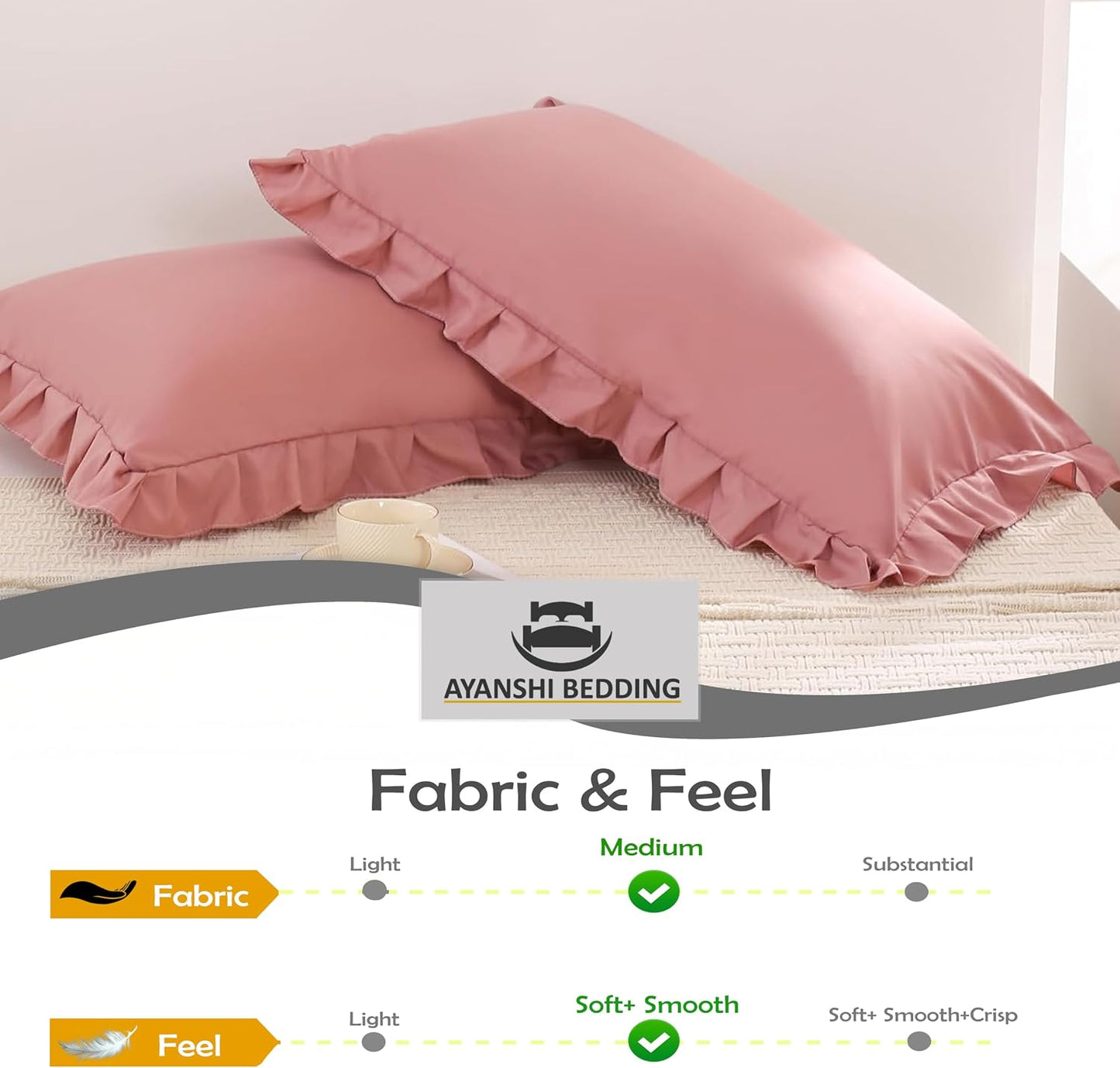Microfiber Ruffle Pillow Shams Standard Size Set of 2, 20X26 - Solid Ruffled Fringe Design Pillow Cases Soft & Breathable - Unique Collection Decorative Pillow Covers 20X26 - Baby Pink