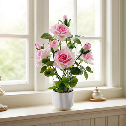 Artificial Rose Plant with Ceramic Vase,Home Decor Potted Floral Arrangement,Silk Roses Artificial Flowers (A:Pink)