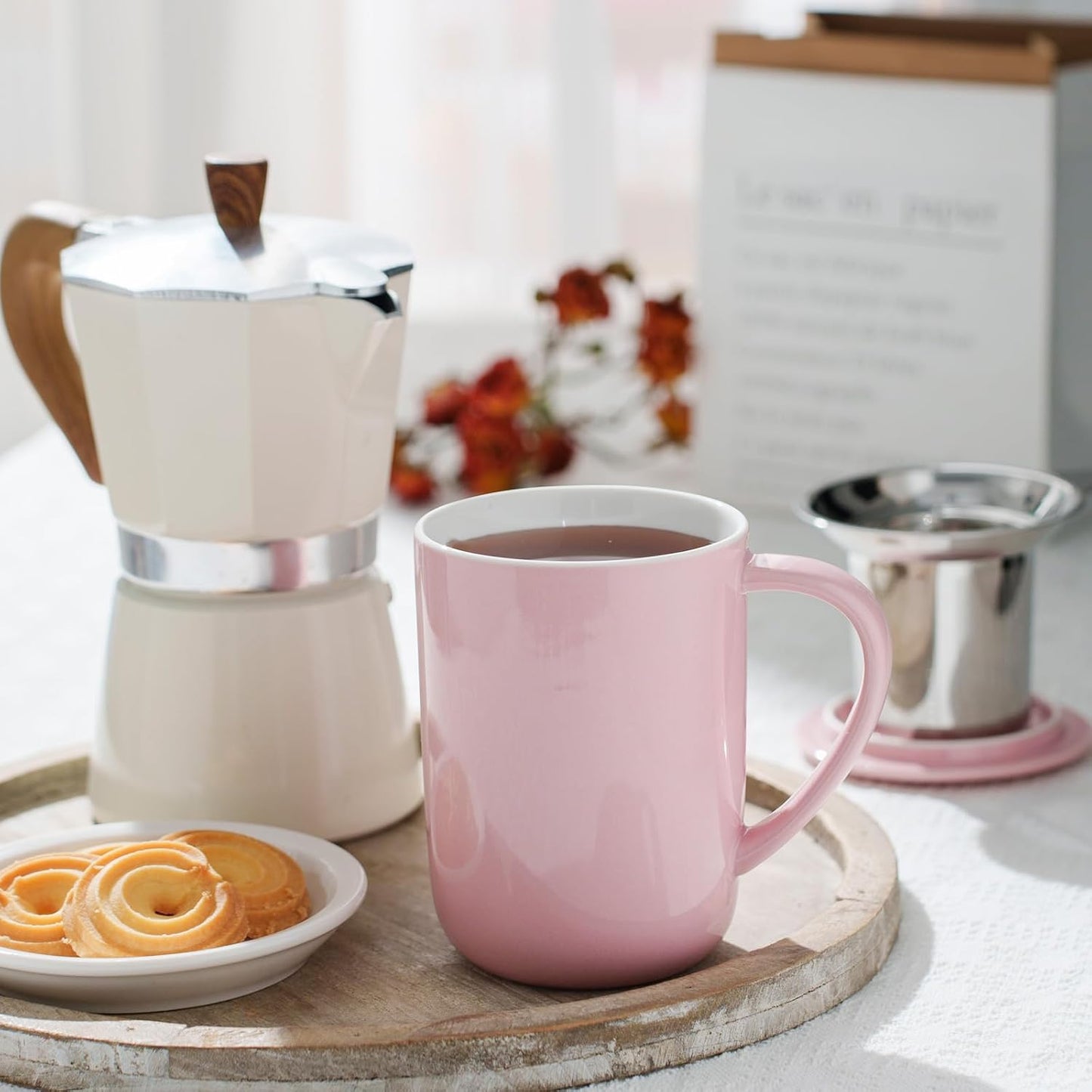 CEEFU Porcelain Tea Mug with Infuser and Lid, Teaware with Filter and Coaster, Loose Leaf Tea Cup Steeper Maker, 16 OZ for Tea/Coffee/Milk/Women/Office/Home/Gift (Pink)