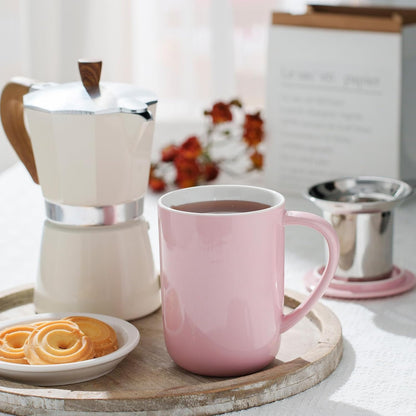 CEEFU Porcelain Tea Mug with Infuser and Lid, Teaware with Filter and Coaster, Loose Leaf Tea Cup Steeper Maker, 16 OZ for Tea/Coffee/Milk/Women/Office/Home/Gift (Pink)