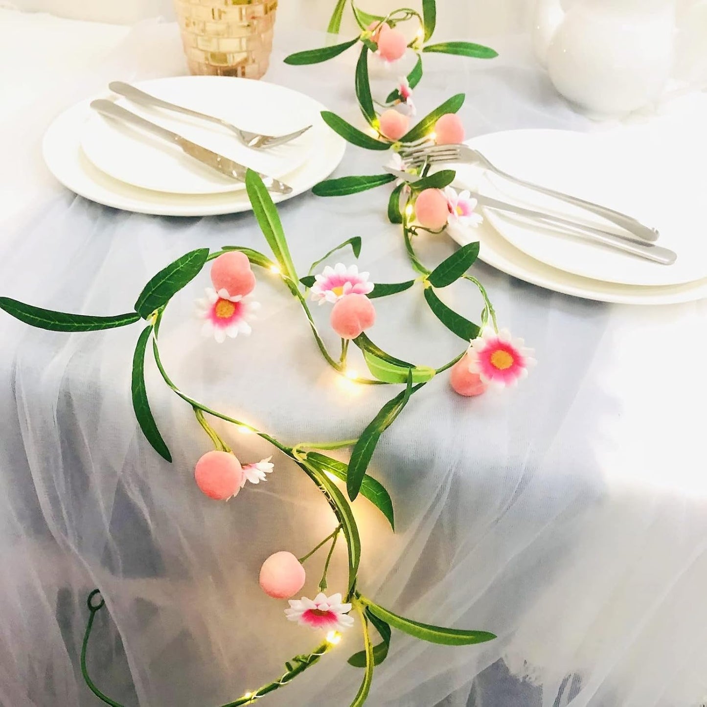 Simulation Peach String Lights Hanging Vine Plant Peach Garland Artificial Fruit Peach Pink Flower Fairy Light Battery Powered for Home Garden Wedding Party Decor (2 Pack, Pink Peach)