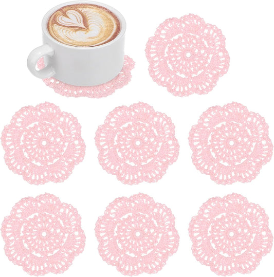 M METERXITY 8-Pack Handmade Crochet Coasters, 4Inch/10cm Round Cotton Placemats for Table/Cup/Bowl/Vase/Tea Trays/Home Decoration, Lace Doilies Place Mats [Light Pink]