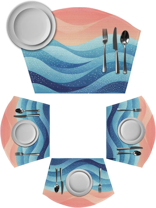 Round Table Placemat Wedge Placemats Set of 6,Blue Peach Layered Ocean Waves Placemat Washable Table Mats,Gradient Striped Fan Shaped Place Mats for Kitchen Dinner Party Decor