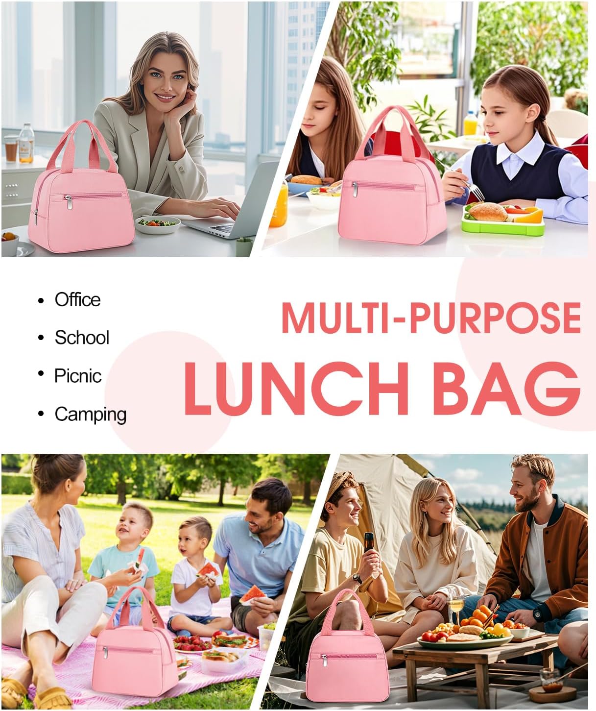 Lunch Bag for Women - Small Insulated Lunch Box, Cute Reusable Tote Bag for Work, Daily Commute and Outdoor Picnic -Pink