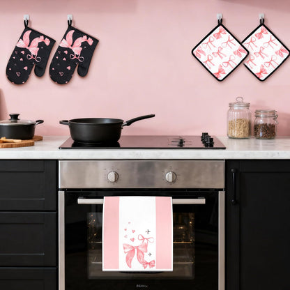 8 Pcs Cute Pink Bow Kitchen Towels and Dishcloths Sets Oven Mitts Pot Holders Set Mother's Day Absorbent Decor Accessories Gloves Potholders Heat Resistant for Chef Baking Cooking Home Gifts