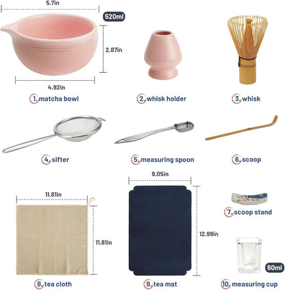 Joiish Matcha Whisk Set, Matcha Kit 10-Pcs, Bamboo Whisk and Bowl with Spout & Measuring Spoon & Cup, Japanese Matcha Tea Making Tools, Light Pink