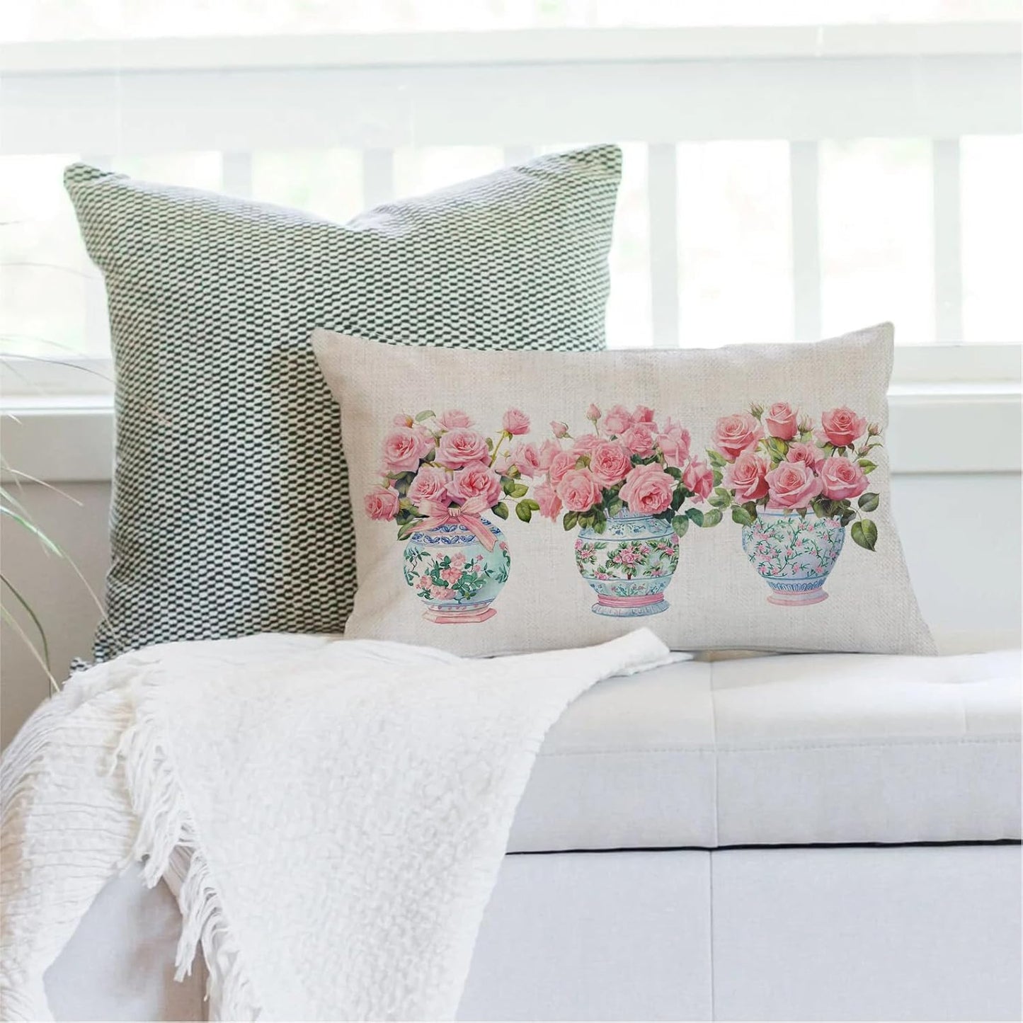 Pink Flowers and Leaves Pillow case, Chinoiserie Floral Pattern Pillow Cover, Flower Rose Case Cushion Cover Couch Sofa Decorative 12x20 inches