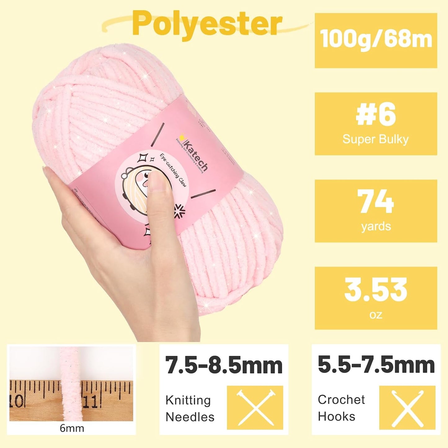 Katech Velvet Chenille Yarn for Crocheting-6 Pack of 100g/3.53oz-#6 Super Bulky Sparkle Chenille Yarn for Knitting, Chunky Plush Baby Blanket Yarns, Ideal for Blankets, Dolls, Bags (Pale Pink)
