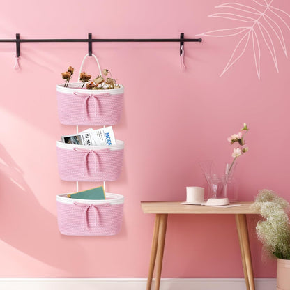 Zopeal 3 Tier Wall Mounted Woven Cotton Rope Hanging Basket Over the Door Hanging Basket with Hooks Decorative Food Snack Storage Organizer Newborn for Living Room(Pink,Bow)
