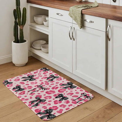 Bathroom Rugs 31.5x47.2 Inch, Black Bow Pink Leopard Non Slip Rugs Washable Low Pile, Minimalist Boho Chic Modern Front Door Mat Entryway Rug with Rubber Backing