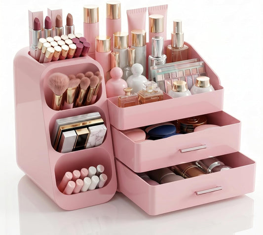 Makeup Organizer with Drawers,Large Capacity Countertop Organizer for Vanity,Bathroom and Bedroom Desk Cosmetics Organizer,Easy To Storage Skincare,Brushes,Lotions (All Pink)