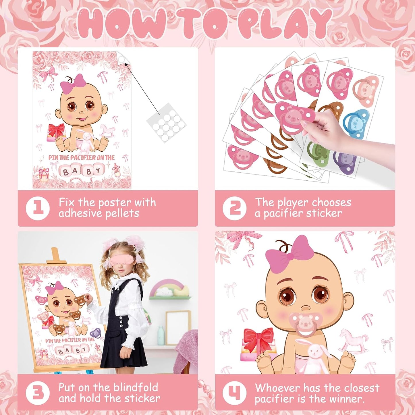 Pin The Pacifier On The Baby Party Games, Pink Baby Shower Decoration Bow Party Decorations with Large Poster 48 Pacifier Stickers Game for Baby Shower Party Bow Coquette Birthday Decorations