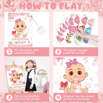 Pin The Pacifier On The Baby Party Games, Pink Baby Shower Decoration Bow Party Decorations with Large Poster 48 Pacifier Stickers Game for Baby Shower Party Bow Coquette Birthday Decorations