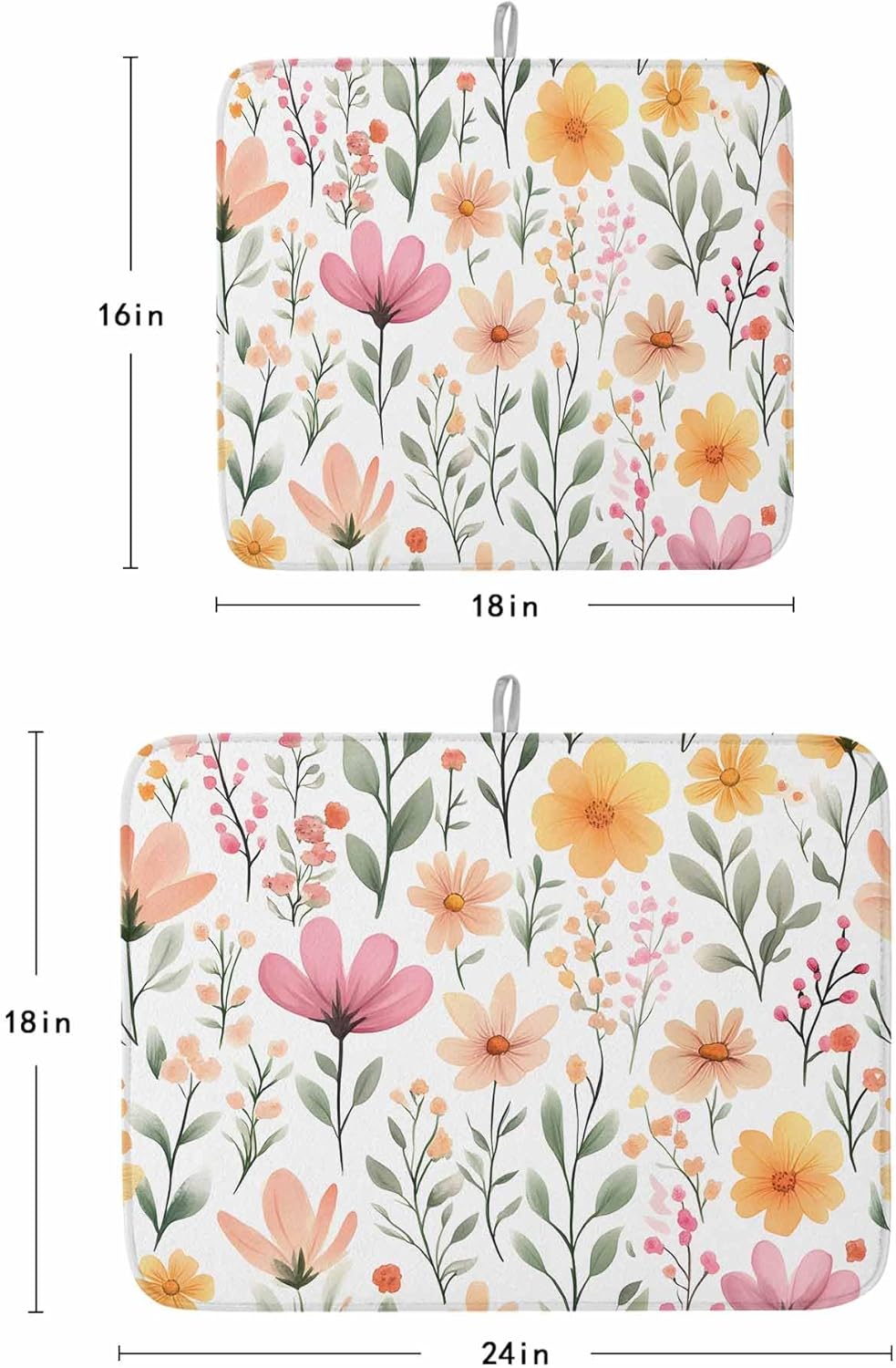Watercolor Floral Dish Drying Mat for Kitchen Counter Light Pink Wildflowers Leaves Botanical Absorbent Microfiber Quick Dry Pad Non Slip Drainer Mats 18x24 Inch, 2 Pack