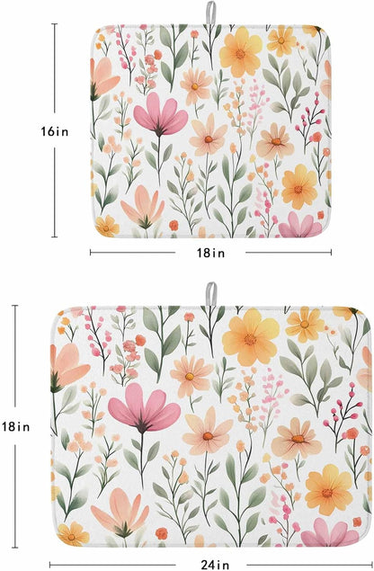 Watercolor Floral Dish Drying Mat for Kitchen Counter Light Pink Wildflowers Leaves Botanical Absorbent Microfiber Quick Dry Pad Non Slip Drainer Mats 18x24 Inch, 2 Pack