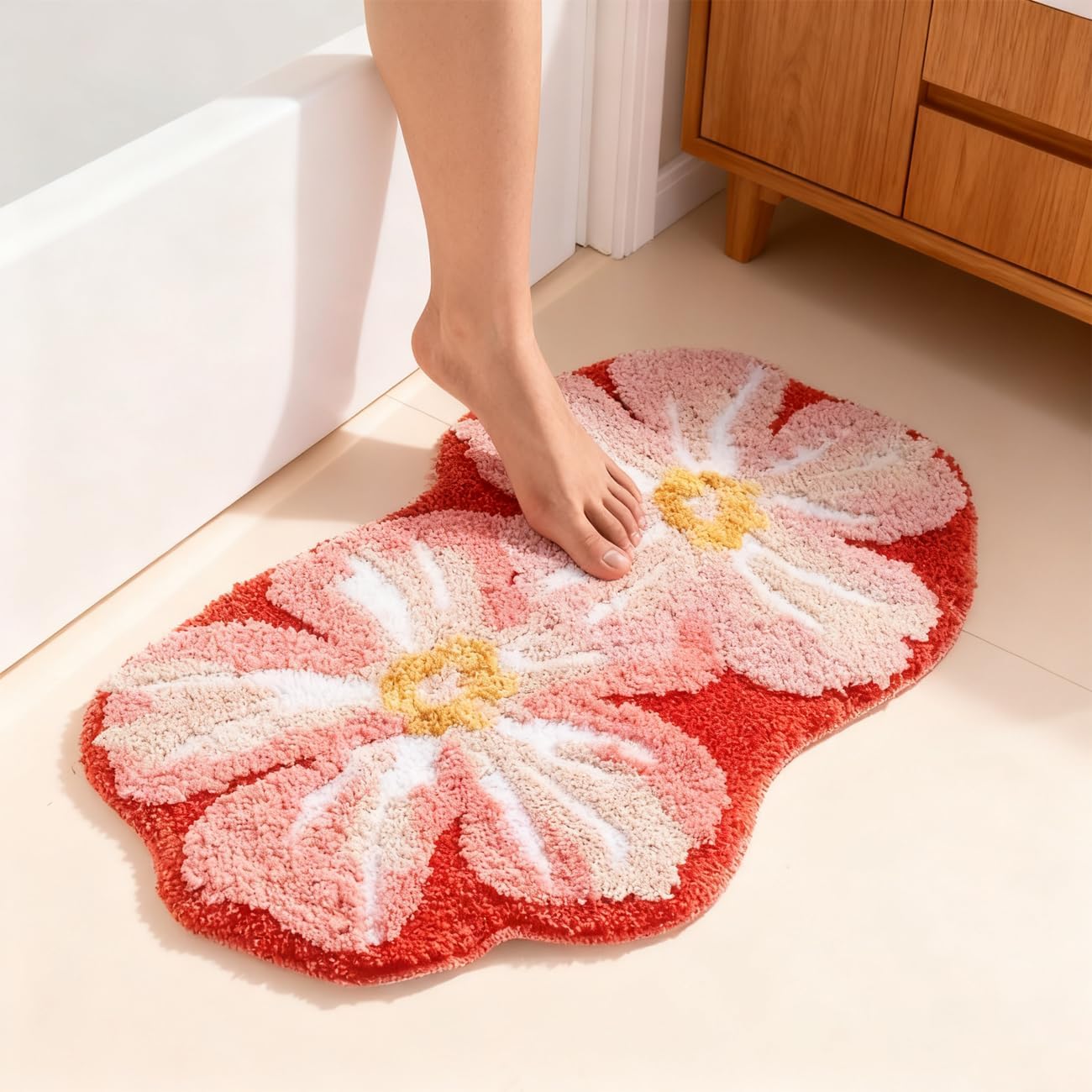 Pink Flower Bathroom Rugs Cute Bath Mat Lovely Floral Shower Bathtub Mat Non-Slip TPR Backing Welcome Doormat Soft Plush Shaggy Indoor Bedroom Living Room Kitchen Carpet