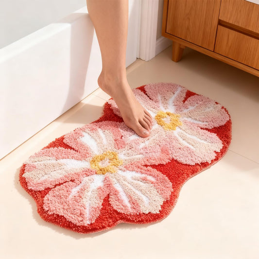 Pink Flower Bathroom Rugs Cute Bath Mat Lovely Floral Shower Bathtub Mat Non-Slip TPR Backing Welcome Doormat Soft Plush Shaggy Indoor Bedroom Living Room Kitchen Carpet