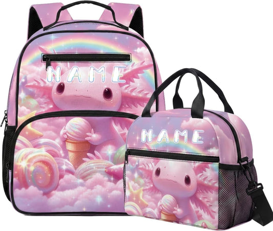 COEQINE Personalized Axolotl Toddler Girls Backpack with Lunch Box Set Mini School Bag for Girls 1st Grade with Water bottle Lightweight Diaper Bag Pink Rainbow Candy