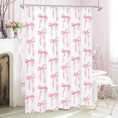 Litabel Cute Bow Shower Curtain, Pink Aesthetic Bowknot Shower Curtain for Bathroom, Modern Minimalist White Waterproof Fabric Shower Curtain Set, 72x72 Inch