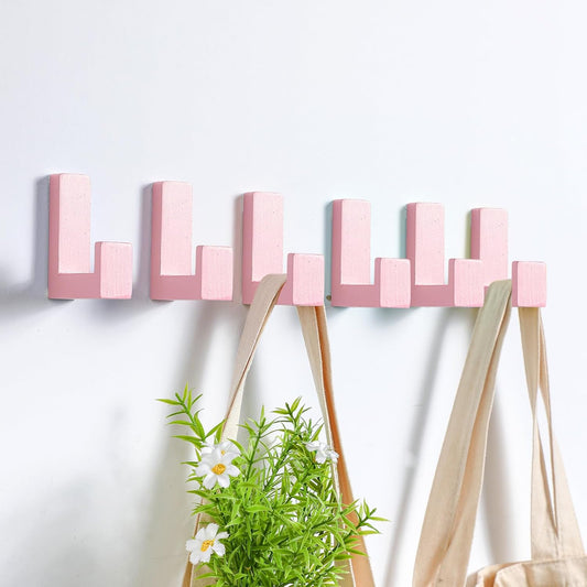 Teenyyou 6 Pack Cute Kids Coat Wall Hooks Wooden Adhesive Decorative Colorful Wall Mounted Hangers Backpack Hooks for Hanging Keys Towel Clothes Bathroom Organization(Pink,6 Pcs)