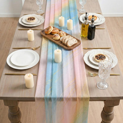 Artoid Mode Boho Gradient Pink Blue Stripes Spring Chiffon Table Runner 120 Inches 10FT,Seasonal Fabric Kitchen Dining Holiday Table Decor for Home Party