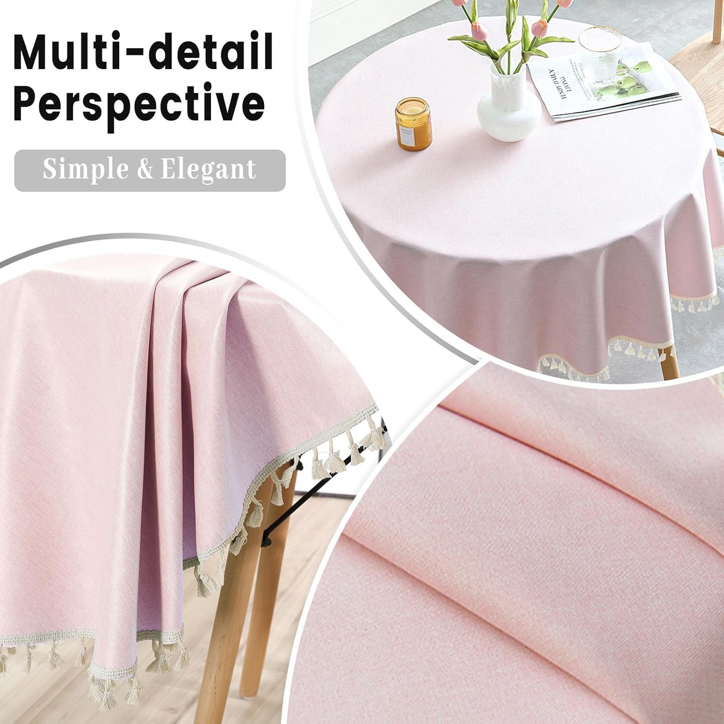 Rakila Round Waterproof 48 Inch Tablecloth with Handmade Tassel Solid Washable Table Cloth for Kitchen Dining Home Decoration (Pink, 70inch, Tassel)