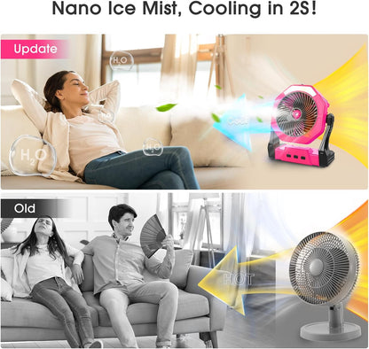 Ausic Portable Misting Fans, [Max 35H Runtime] Pink Outdoor Cooling Fan for Patios, 8 Inch Battery Operated Rechargeable Fans, Water Spray Fan with LED Light for Pets/Travel Beach Camping Essential