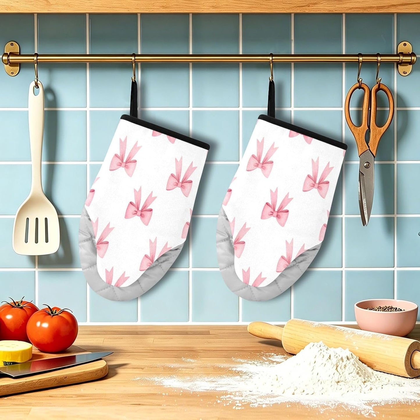Pink Bows Ribbons Non-Slip Oven Mitts Set Heat Resistant Kitchen Gloves with Quilted Liner Cotton Machine Washable with Hanging Loop for Baking Grilling BBQ