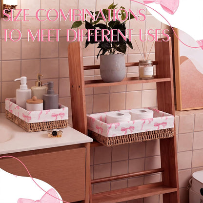 SiliFine Pink Bow Toilet Paper Storage Basket Set of 2 Chinoiserie Decorative Wicker Bathroom Organizer for Toilet Tank Trays Holder Bin for Shelves Fits with Any Bathroom Decorative