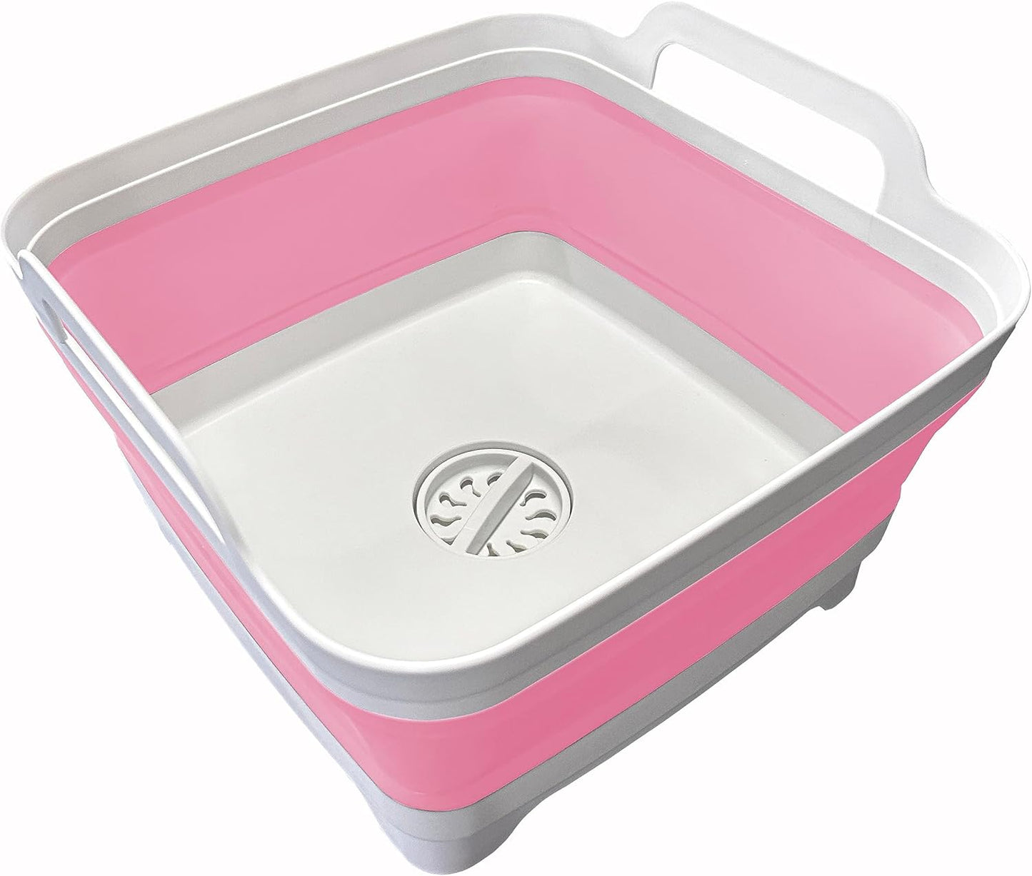 9L (2.4Gal Dish Basin Collapsible with Drain Plug Carry Handles , Space Saveing Kitchen Storage Tray Dish Wash Basin, Portable Dish Tub for Camping ,RV,Pink