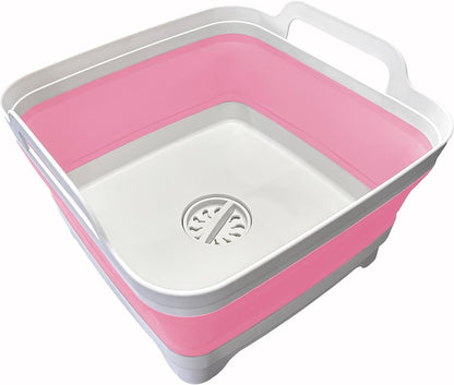 9L (2.4Gal Dish Basin Collapsible with Drain Plug Carry Handles , Space Saveing Kitchen Storage Tray Dish Wash Basin, Portable Dish Tub for Camping ,RV,Pink