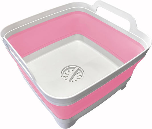 9L (2.4Gal Dish Basin Collapsible with Drain Plug Carry Handles , Space Saveing Kitchen Storage Tray Dish Wash Basin, Portable Dish Tub for Camping ,RV,Pink