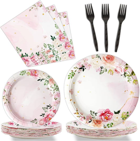 gisgfim 96 Pcs Floral Party Plates and Napkins Party Supplies Pink Spring Theme Flower Party Tableware Set Watercolor Floral Tea Party Decorations Favors for Bridal Baby Shower Serves 24