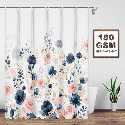 Navy Blue and Pink Floral Shower Curtain, Waterproof Fabric Watercolor Flowers Bathroom Shower Curtain with 12 Hooks, 72 x 72 Inch
