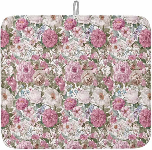 Dish Drying Mat 16 x 18 Inch, Light Pink Spring Floral Absorbent Microfiber Coffee Mats for Kitchen Vintage Summer Botanical Quick Drying Dish Drainer Pad 1 Pack