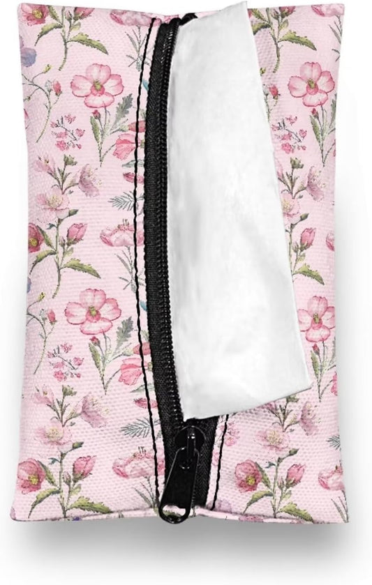 Flashideas Pink Flower Tissue Holder Reusable Travel Tissue Pouch Fabric Purse Zipper Enclosed Pouches Tissue Holder for Purse Coins for Bag Car Office Home