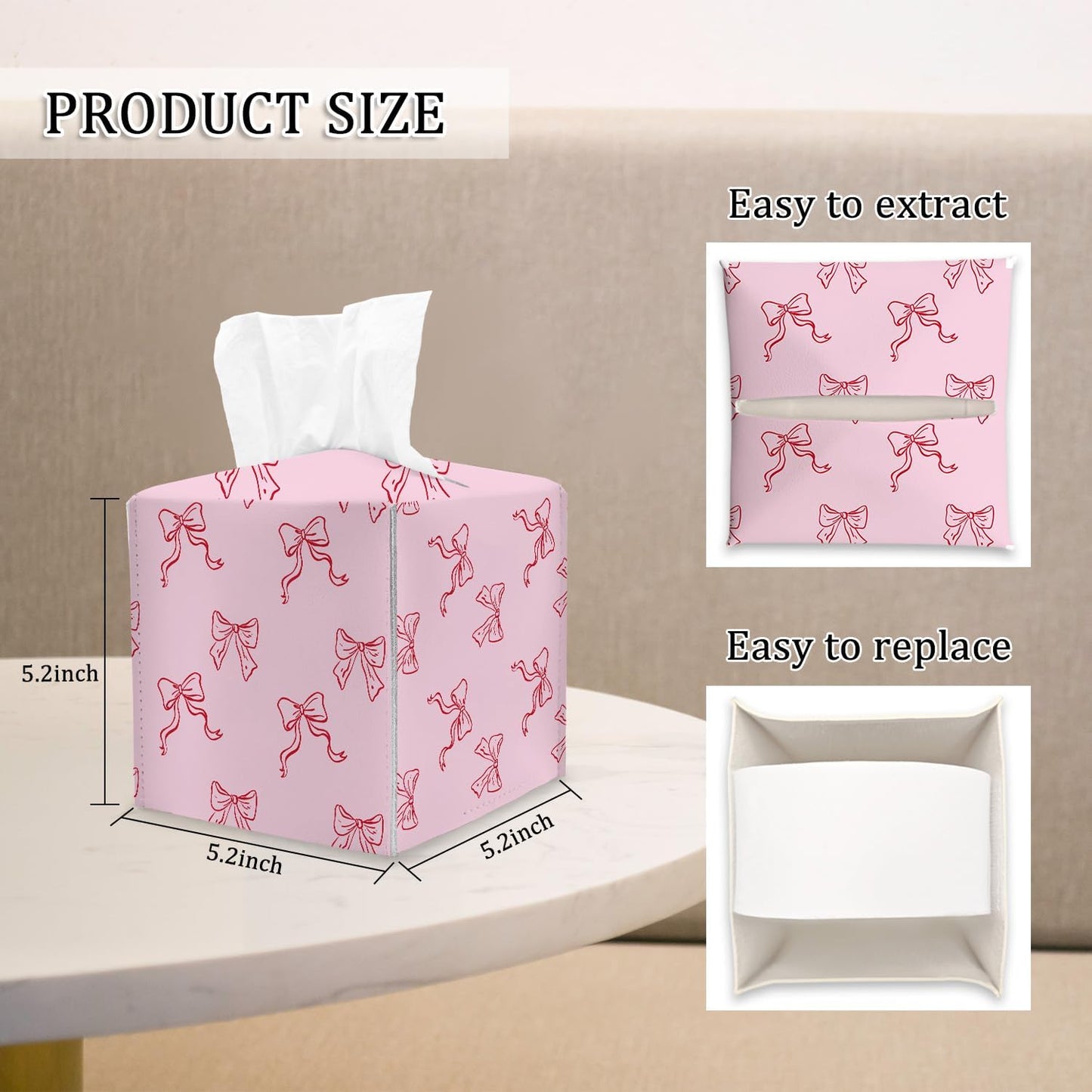 Pink Bow Tissue Box Cover Square, Coquette Cube Tissue Box Holder, Tabletop Decor Leather Facial Paper Organizer Dispenser for Bathroom Home Car Night Stand Living Room/23