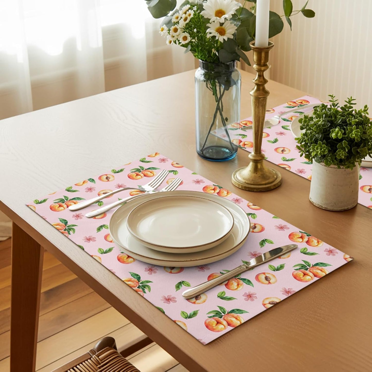 Pink Peaches Placemat Set of 6 Non-Slip Placemats for Dining Table Flowers Summer Fruit Washable Table Mats, Heat Resistant Kitchen Table Mats for Party, Dining Room & Home Decor